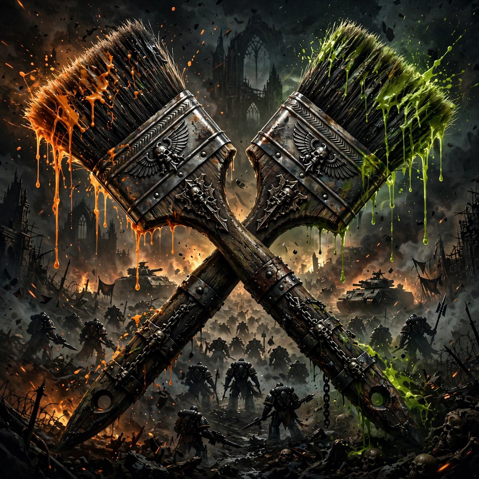 Album art: two giant paintbrushes crossed like weapons over a grimdark battlefield