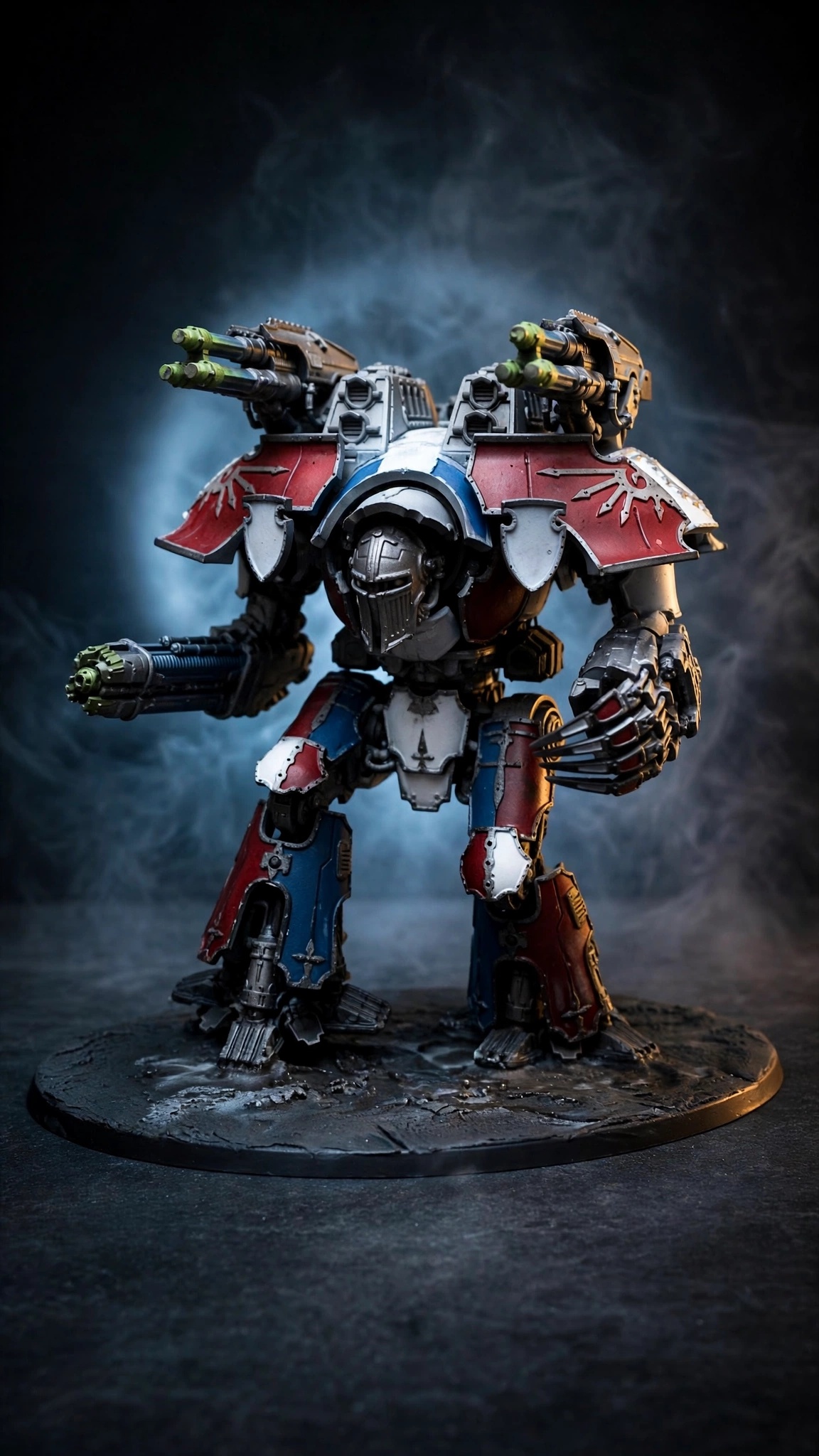 Hand-painted Imperial Knight miniature in a smoky studio setting