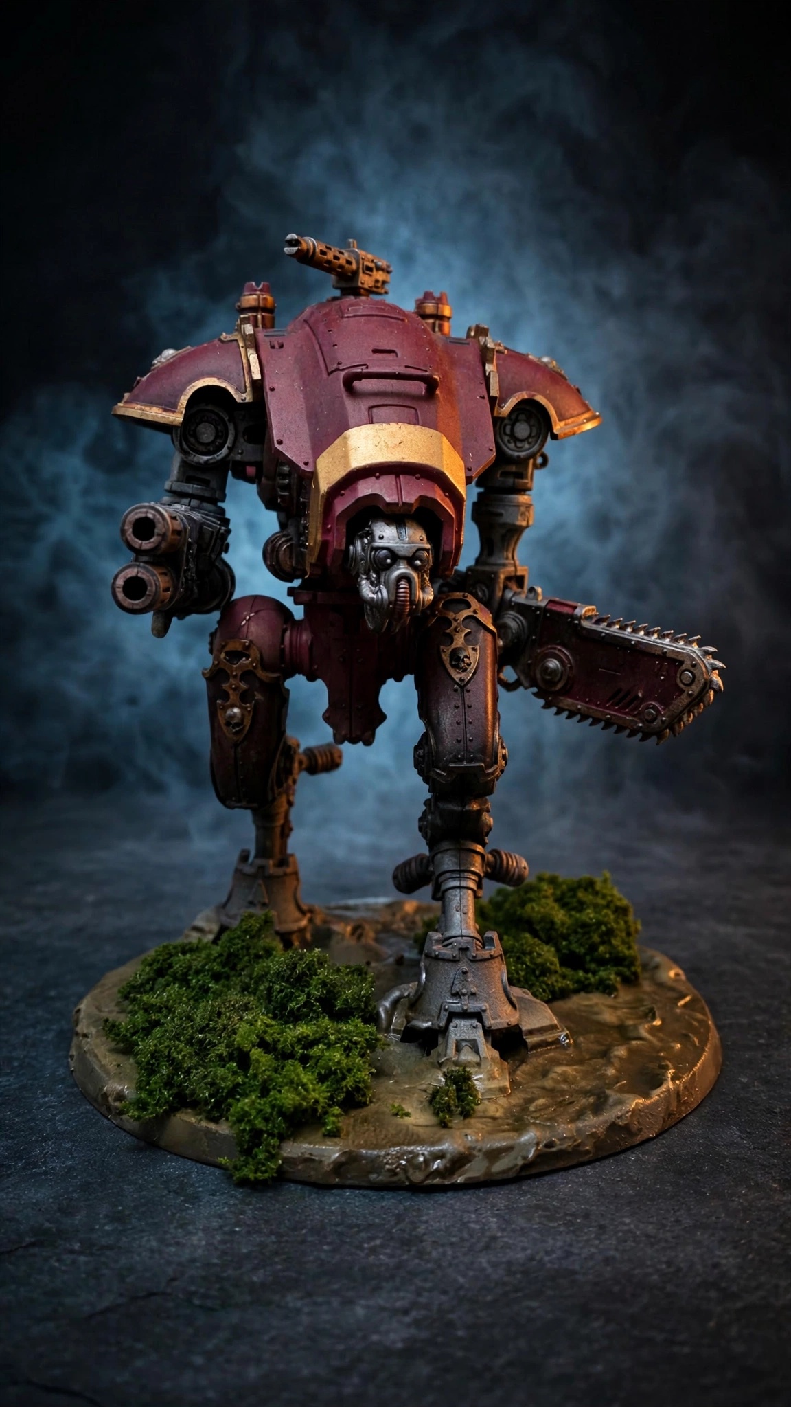 Burgundy and gold Chaos Knight miniature with chainsword