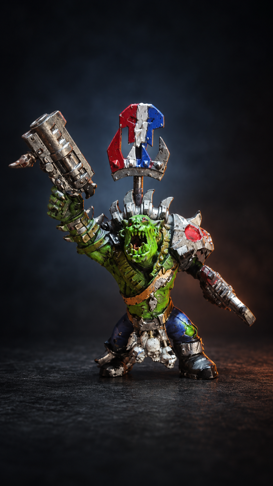 Green Ork miniature raising a mechanical weapon