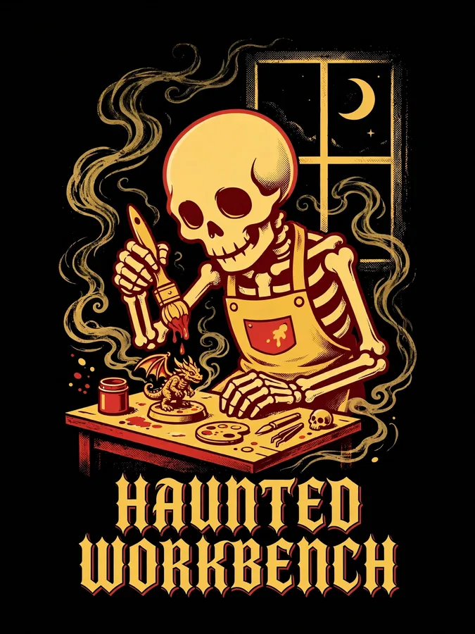 Haunted Workbench t-shirt design: ghostly green glow over a painter's workbench