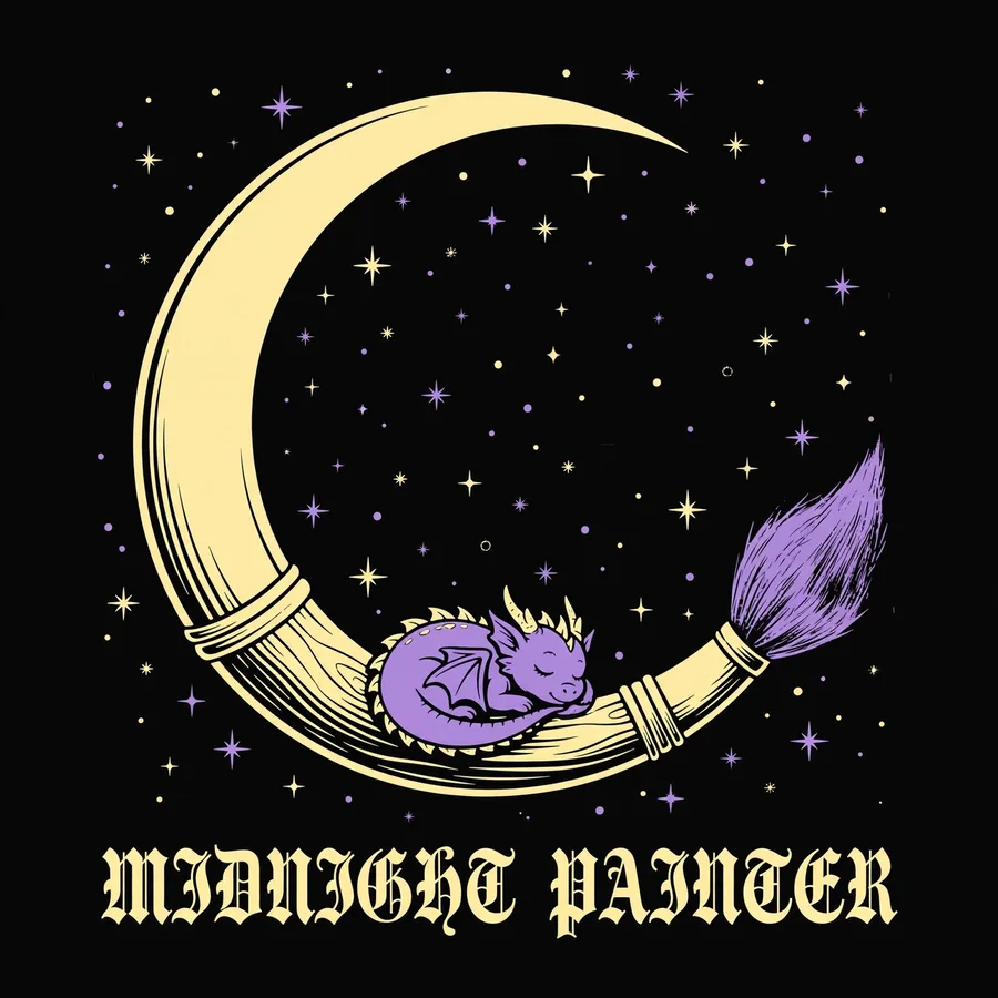 Midnight Painter t-shirt design: lone painter under lamplight at midnight