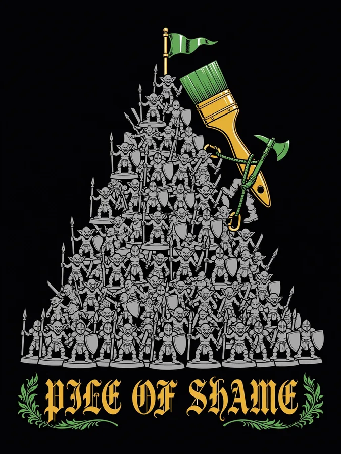 Pile of Shame t-shirt design: skeletal hand holding a brush over unpainted miniatures