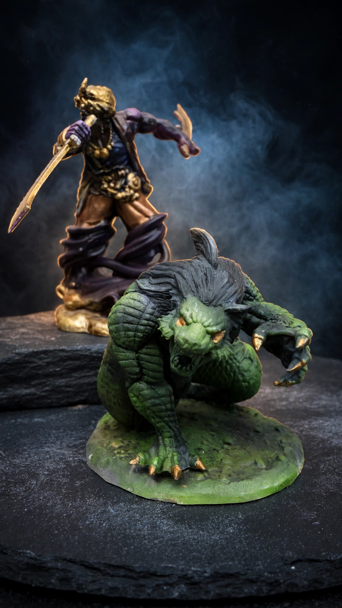 Hand-painted djinni and green dragon miniatures