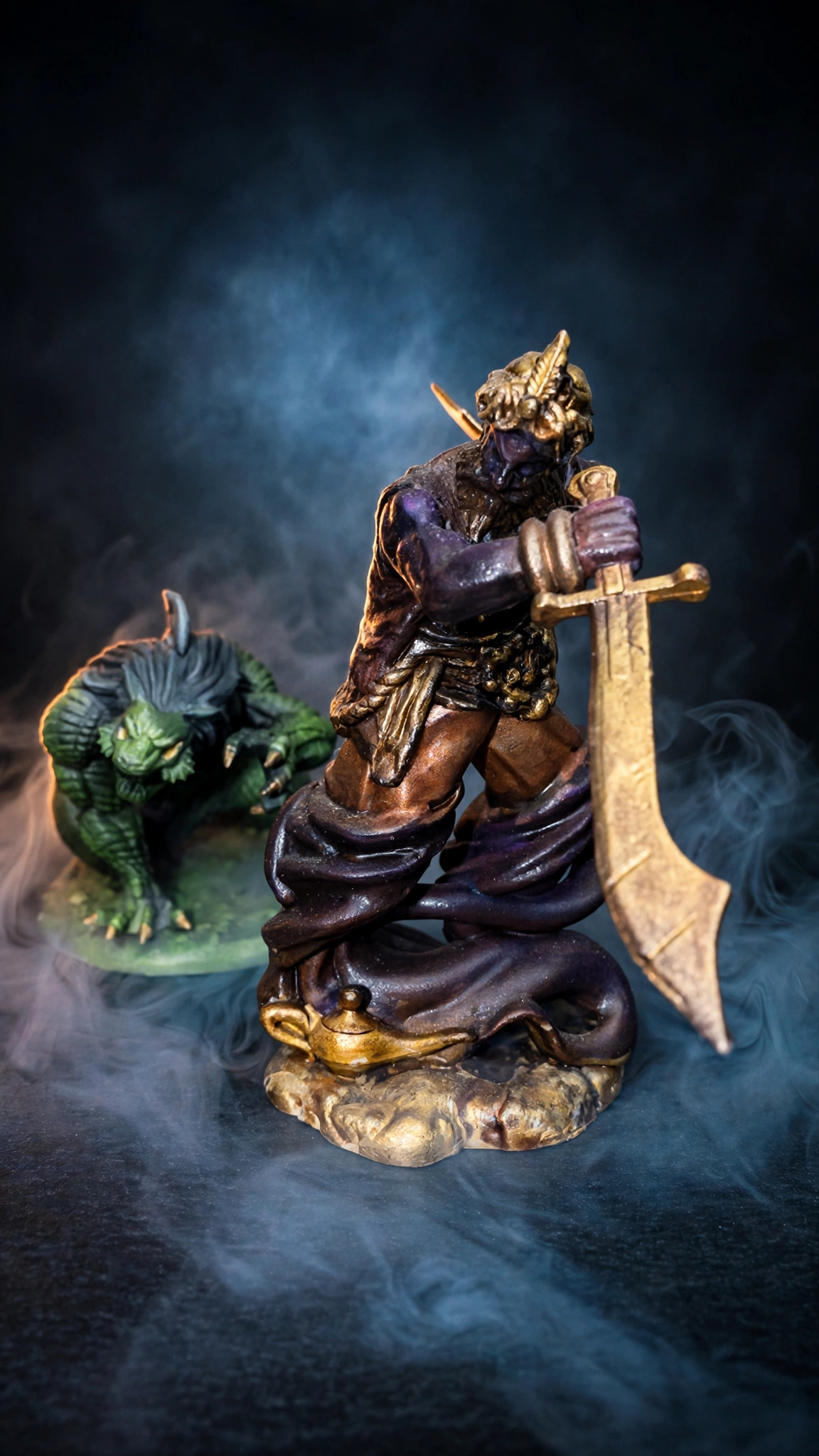 Hand-painted djinni and green dragon miniatures, alternate angle