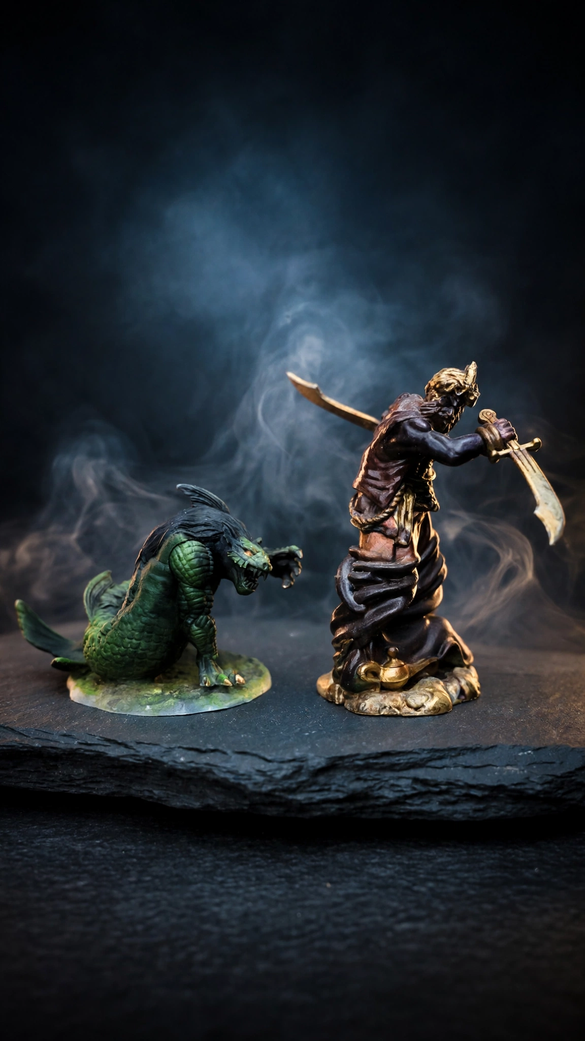 Hand-painted djinni and green dragon miniatures, close view
