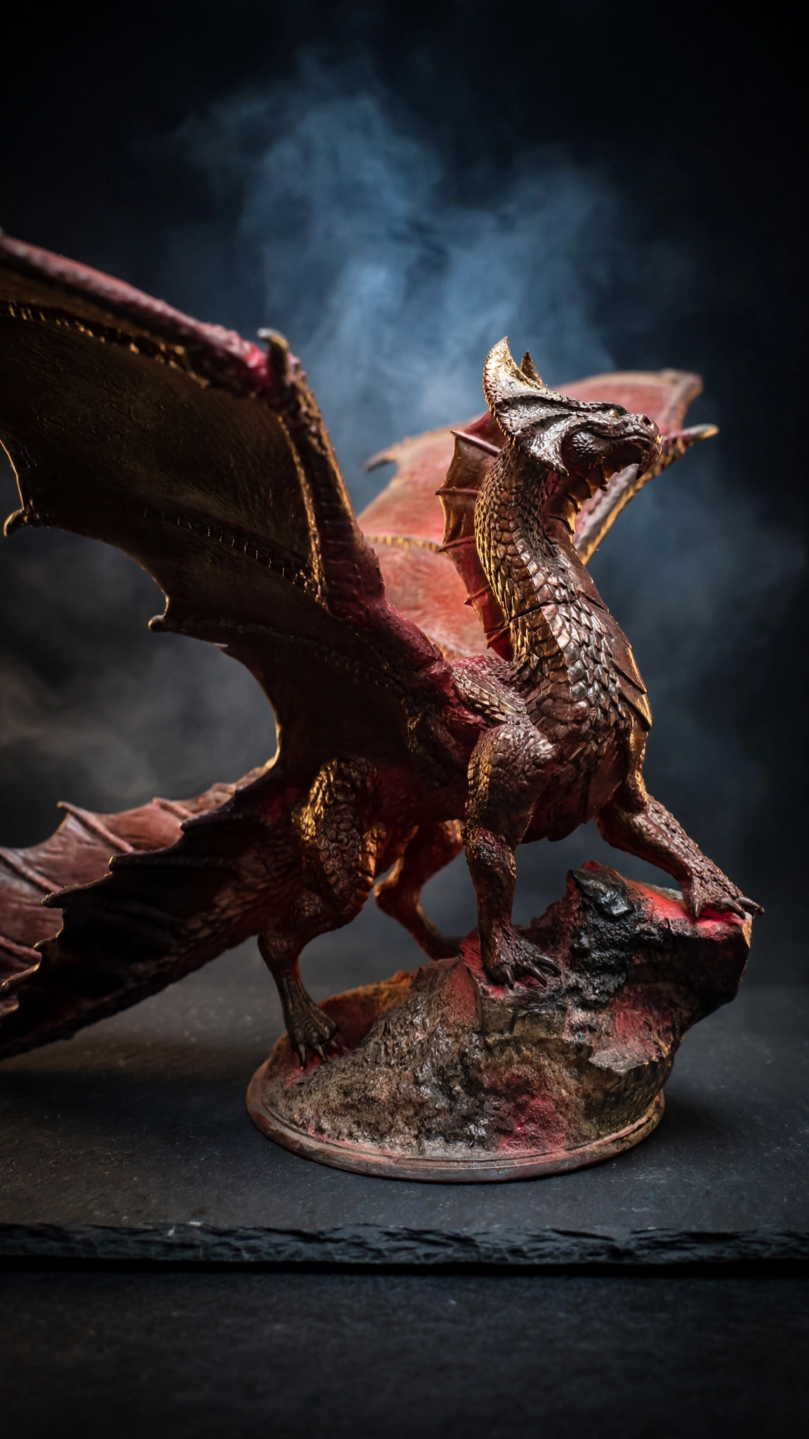 Hand-painted red dragon miniature, side view